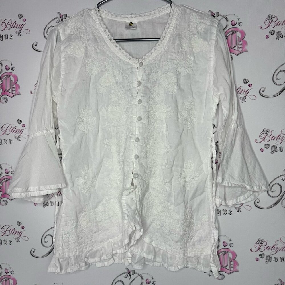 Madaam RS top bell bottom sleeves white floral embroidered buttons ruffle hem